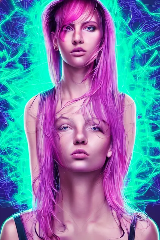 Image similar to a award winning half body portrait of a beautiful woman with stunning eyes in a croptop and cargo pants with ombre purple pink teal hairstyle and hands in pockets by thomas danthony, surrounded by whirling illuminated lines, outrun, vaporware, shaded flat illustration, digital art, trending on artstation, highly detailed, fine detail, intricate