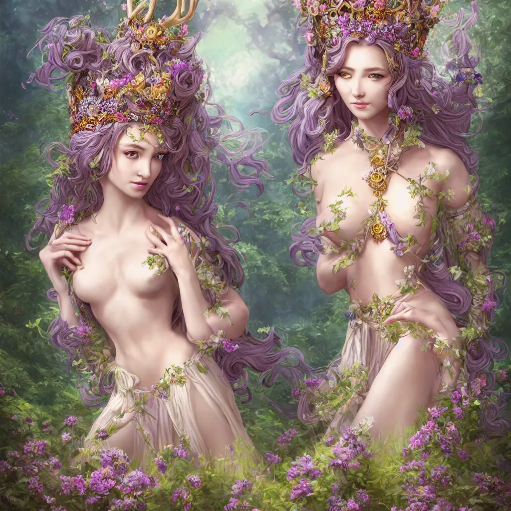 Image similar to A beautiful fantasy empress, highly detailed full body, just one head, breathtaking flower tiara, long hair, gorgeous aristocrat robe, beautiful figure, field of fantasy flowers and leaves, foxes and deer, epic composition, ultra wide-shot, dynamic pose, concept art, beautifully lit from left side, digital painting, smooth, character design, ((sharp focus)), elegant, intricate, artstation, by WLOP and James Jean and Victo Ngai and Ryohei Hase