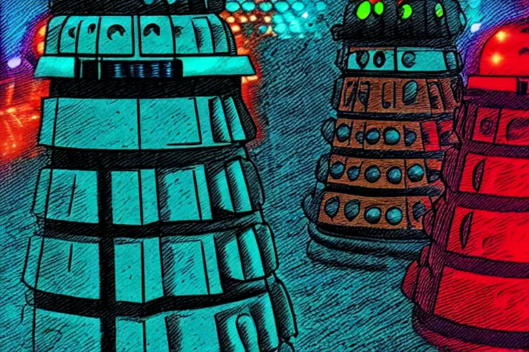 Image similar to daleks!, in the style of john avon and derek riggs and eva widermann, trending on artstation, halfrear lighting closeup view anaglyph filter, bokeh, anime, colored pencil art, belle epoque