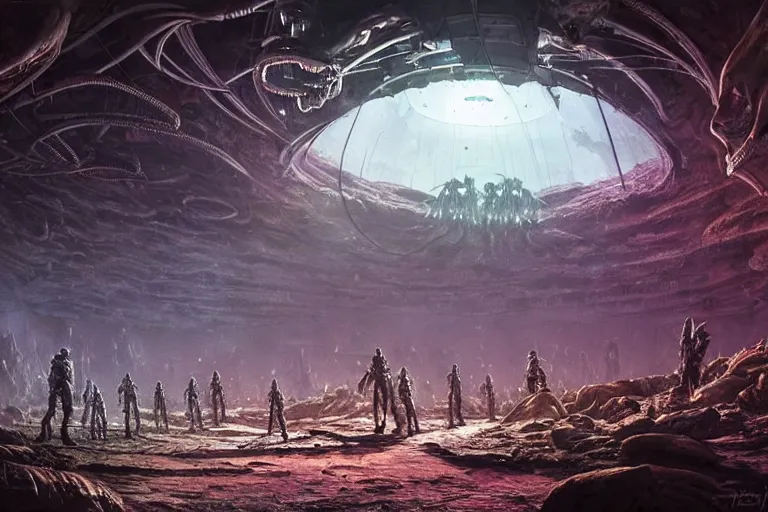 Image similar to Epic science fiction cavescape. In the foreground is soldiers in battle-armor searching, in the background alien machinery and alien eggs. An abandoned alien spaceship is between them. Stunning lighting, sharp focus, extremely detailed intricate painting inspired by H.R. Giger and Simon Stalenhag