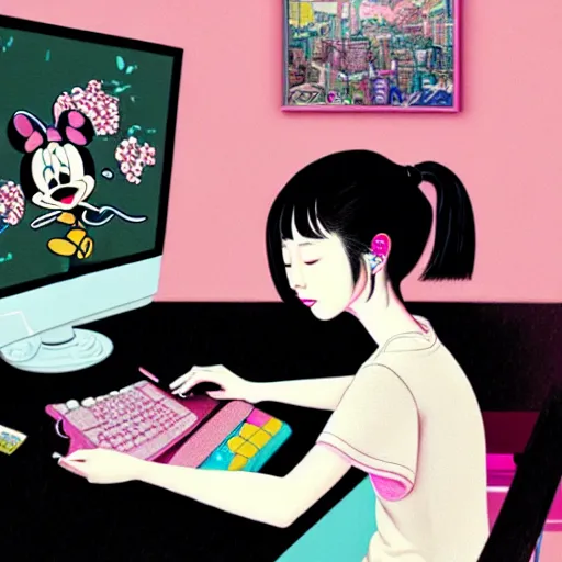 Prompt: full view of girl studying at her computer, in taipei, style of yoshii chie and hikari shimoda and martine johanna and disney, highly detailed