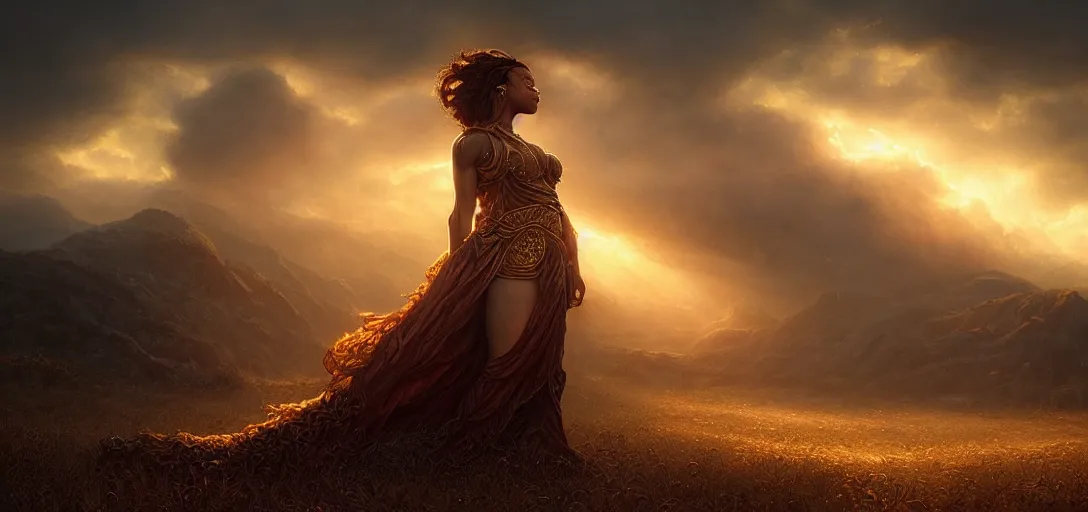 Image similar to majestic gracious regal goddess rhianna portrait, ancient greece, elysium, atmospheric lighting, painted, intricate, volumetric lighting, beautiful, rich deep colours masterpiece, golden hour, sharp focus, ultra detailed, by leesha hannigan, ross tran, thierry doizon, kai carpenter, ignacio fernandez rios