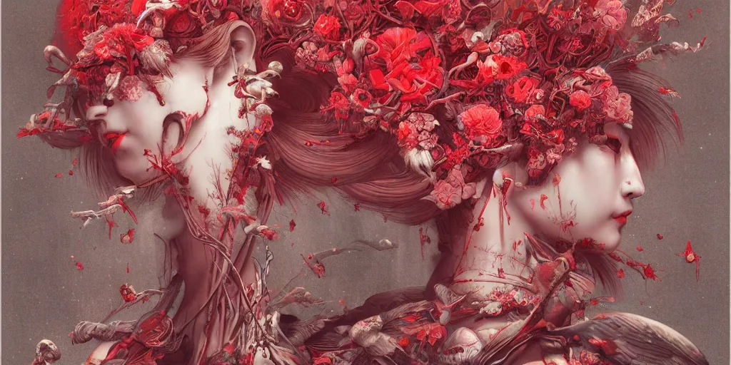 Image similar to breathtaking detailed red gardian mao dictature cyberpunk death heall concept art painting art deco pattern of birds goddesses amalmation flowers, by hsiao ron cheng, tetsuya ichida, bizarre compositions, exquisite detail, extremely moody lighting, 8 k, art nouveau, old chines painting