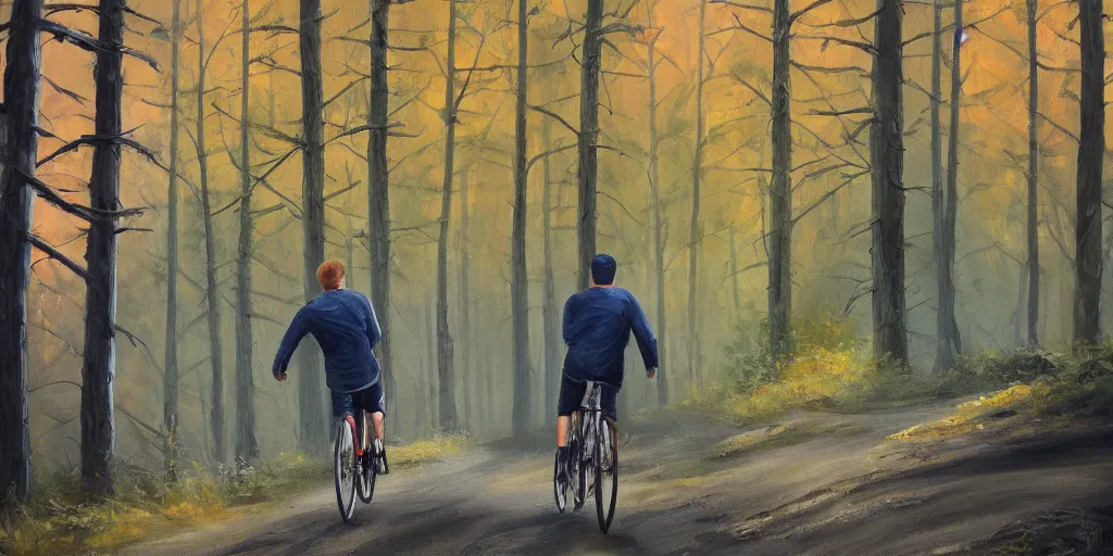 Image similar to Exact two men biking alone up a steep forest hill. One with a deep dark blue sweater and the other with a wine red sweater. sweaty. Oil painting. Emotional. Trending on artstation. Steep. Nordic Trees. Rustic. Artistic.