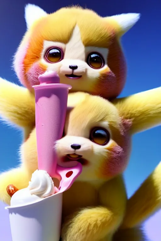 Image similar to high quality 3 d render hyperrealist very cute pastel fluffy! red panda & tarsier hybrid eating giant ice cream, vray smooth, in the style of detective pikachu, charlie immer, very dramatic light, low angle, uhd 8 k, shallow depth or field