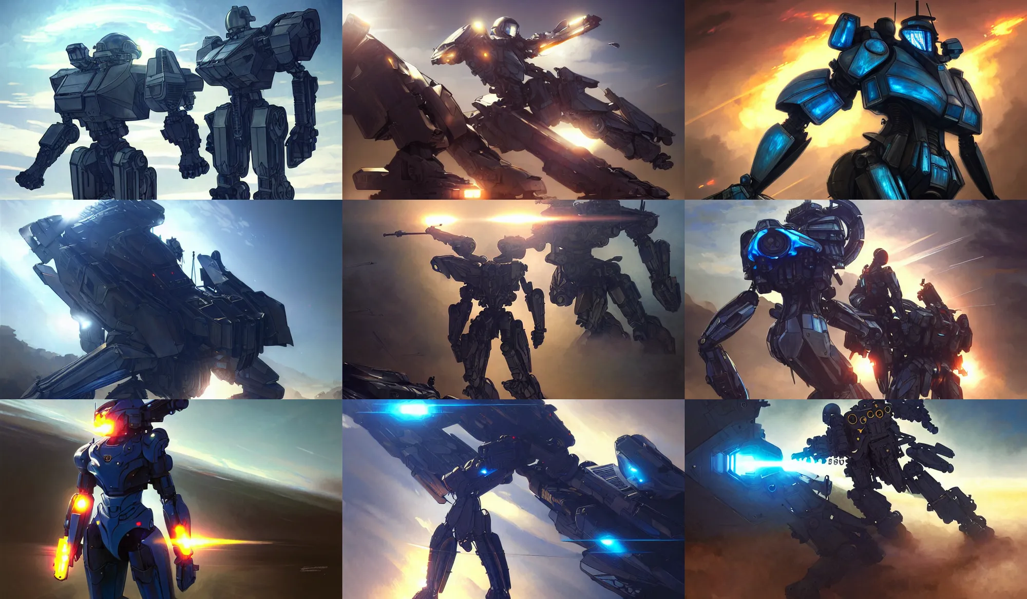 Prompt: armored core v running, booster flares, full body ; outdoor, pure blue sky, wilderness ground, golden time, twilight ; scifi, dynamic contrast, glowing lights intricate elegant, digital painting, artstation, concept art, smooth, sharp focus, illustration ; art by artgerm and greg rutkowski and alphonse mucha, singularity