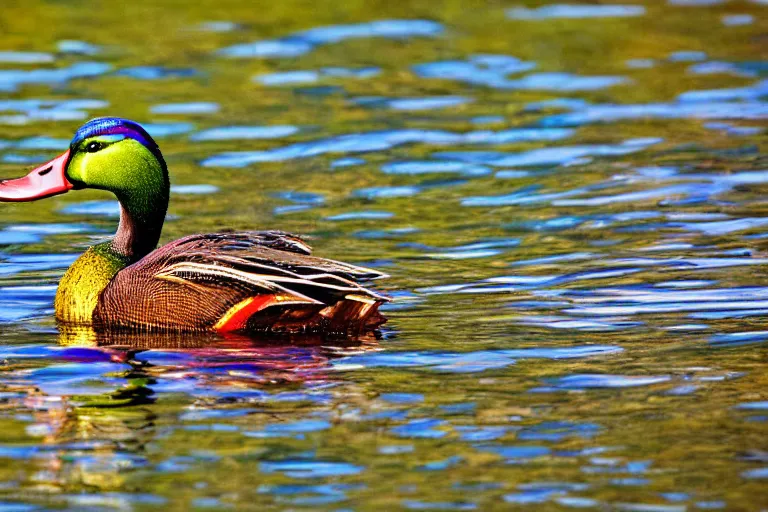 Image similar to a colorful fantasy mallard floating on a lake in the mountains, cascadia