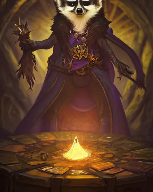 Prompt: anthropomorphic royal warlock raccoon casting a spell in a dungeon, magic the gathering, d & d, fantasy, intricate, action pose, elegant, highly detailed, digital painting, artstation, concept art, matte, sharp focus, volumetric lighting, illustration, hearthstone, art by artgerm, wlop, greg rutkowski and alphonse mucha