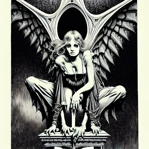 Image similar to portrait soft light, by bernie wrightson and joe fenton, inspired by gothic victorian gargoyle, etching, fine, sharp high detail, duotone screen print,