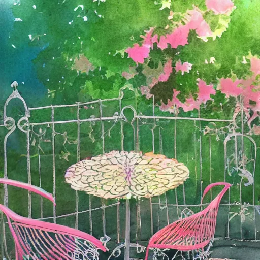 Prompt: delicate, chairs, garden, paved, botanic watercolors, iridescent, 8 k, realistic shaded, fine details, artstation, italian, iron gate, tree, mediterranean, neon flowers