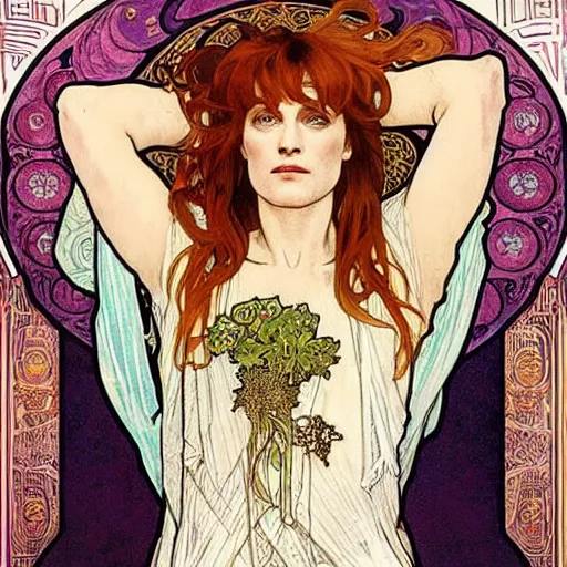 Image similar to florence and the machine and the soul of alphonse mucha