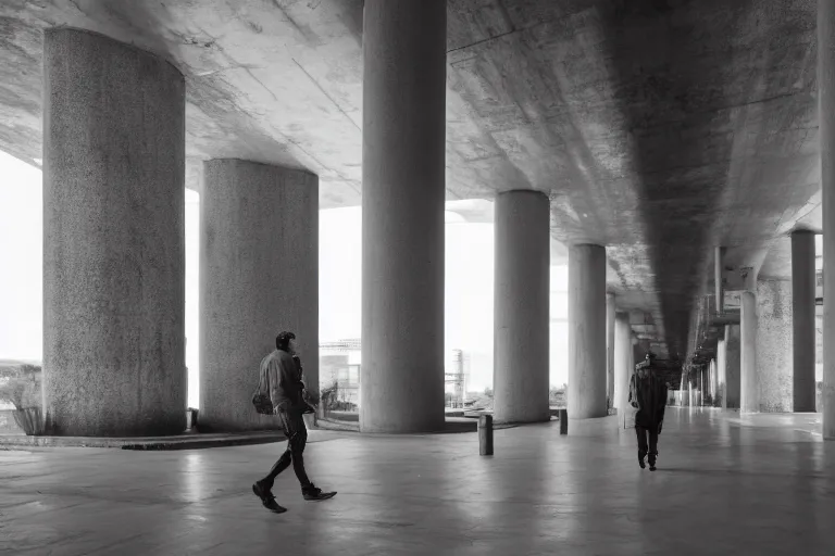 Image similar to a man walking through a brutalist cement structure with towering pillars and high ceilings