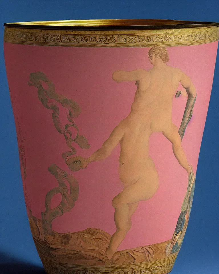 Image similar to achingly beautiful print of intricately painted ancient greek krater on a pink background by rene magritte, monet, and turner.