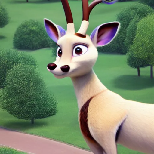 Image similar to portrait, 3 d render, tall little fat, anthropomorphic female deer, wearing along white dress, in the style of zootopia,