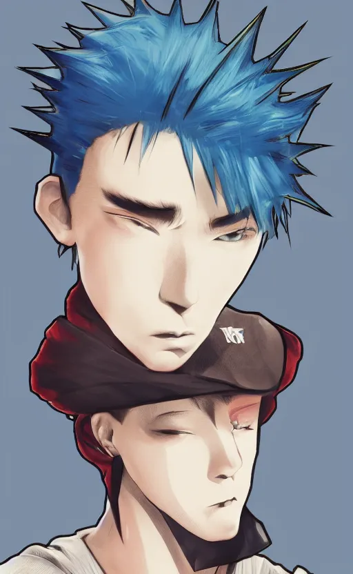 Prompt: rapper short man, anime style, Big red hat, short hair, spikey hair, symmetrical facial features, hiphop era, hyper-realistic, pale skin, 4k, blue hair, extreme detail, detailed drawing, trending artstation, hd, Friday night funkin, hiphop aesthetic, realistic lighting, by Alphonse Mucha, Greg Rutkowski, sharp focus, backlit, fnf boyfriend clothing