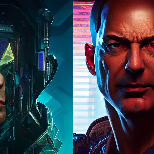 Prompt: front view, vicious, mad, ominous portrait of Jeff Bezos as a cyberpunk 2077 loading screen, symmetry, front view, intricate, studio, art by anthony macbain + greg rutkowski + alphonse mucha, concept art, 4k, sharp focus