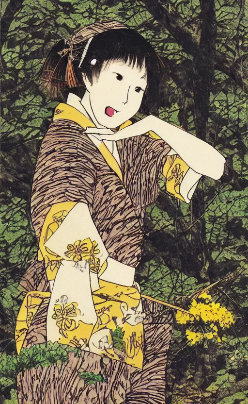 Prompt: by akio watanabe, manga art, medium size boar is curios about girl with brown hair sitting in forest, yellow eyes, trading card front, kimono, realistic anatomy