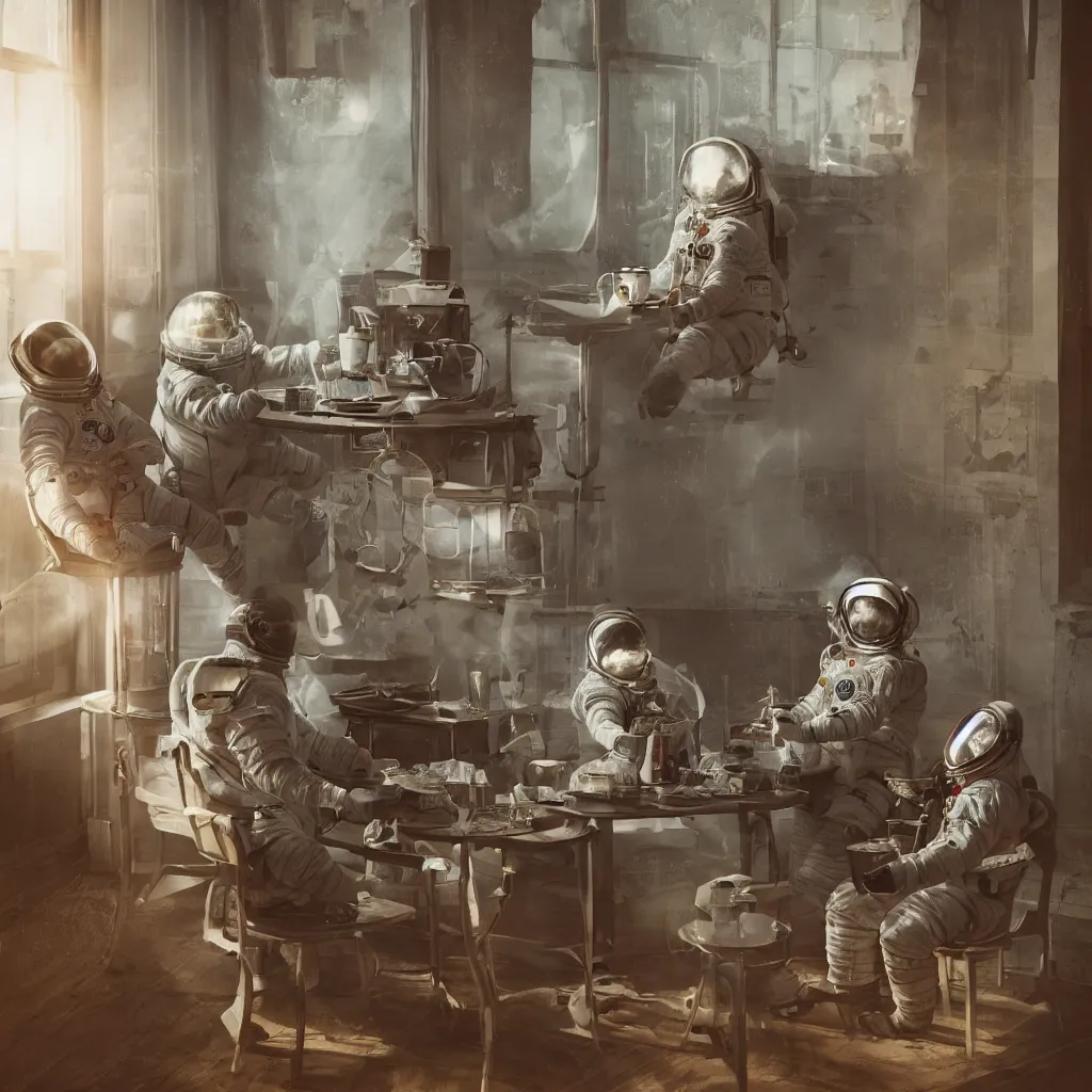 Image similar to 3 cosmonauts in a spacesuit drinks a steaming cup of tea at an old wooden desk in a richly decorated victorian house. the autumn light comes in through a window and dimly illuminates the room, diffuse light, octane render