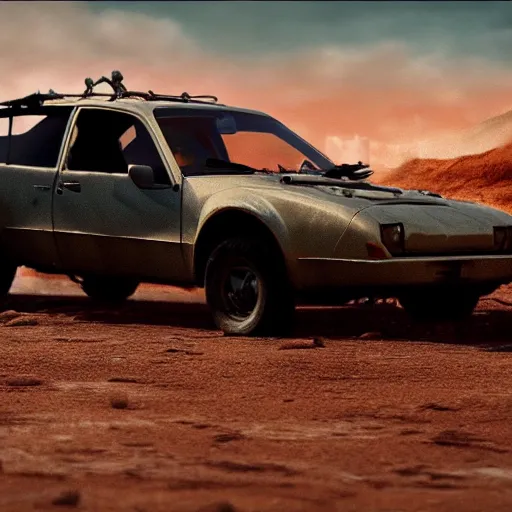 Image similar to velociraptor mongoliensis as a subaru impreza in mad max, photorealistic hdr 8 k