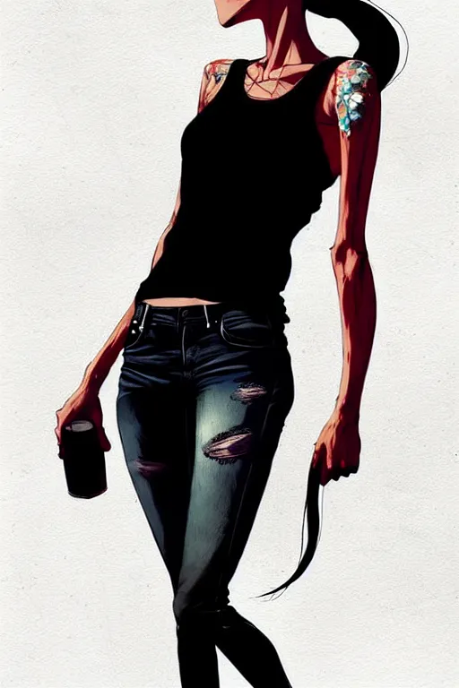 Image similar to a ultradetailed beautiful full body painting of a stylish woman in with white hair in a ponytail, she is wearing a black tank top and jeans, by conrad roset, greg rutkowski and makoto shinkai trending on artstation