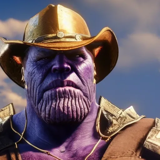 Prompt: Film still of Thanos in Red Dead Redemption 2 (2018 video game)