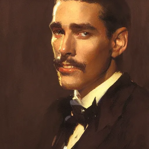 Image similar to detailed portrait of man in black suit, spring light, painting by gaston bussiere, craig mullins, j. c. leyendecker