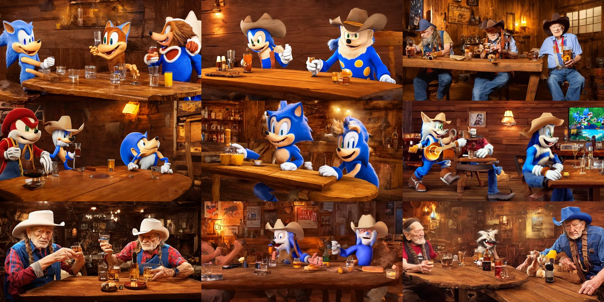 Prompt: willie nelson merrily drinking whiskey together at a wooden table with sonic the hedgehog in a vest wearing a cowboy hat, cinematic lighting, relaxed smoky atmosphere, imax photography 4 k