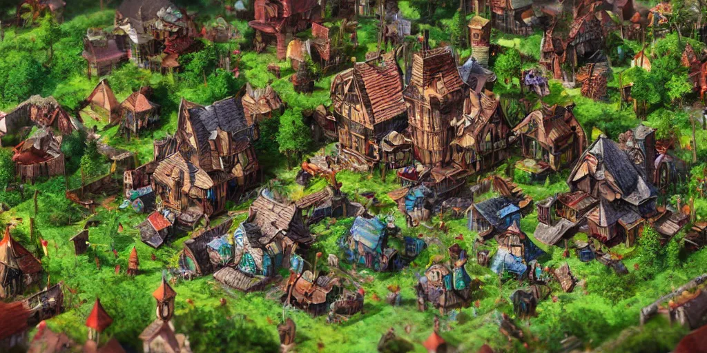 Image similar to Fantasy village built on PC motherboard, trees, green plants, broken parts, wooden houses, mold, tiny villagers, PC hardware, high quality, trending on artstation, highly detailed