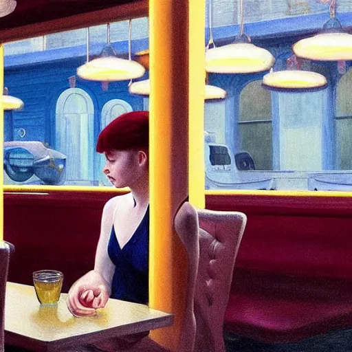 Image similar to Elle Fanning alone in a diner in the world of Edward Hopper, stormy weather, extremely detailed masterpiece, oil on canvas, low-key neon lighting, artstation, Blade Runner 2049, Roger Deakin’s cinematography, by J. C. Leyendecker and Peter Paul Rubens,