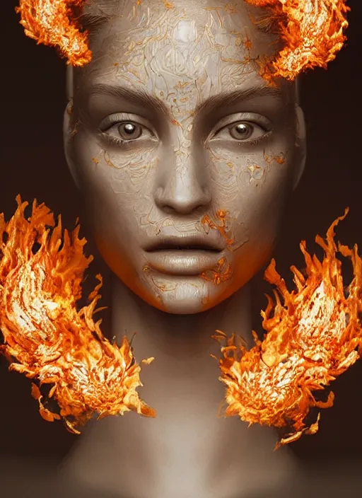 Image similar to sculpture made of flame, portrait, female, future, torch, fire, harper's bazaar, vogue, fashion magazine, intricate, concept art, close up, ornate, luxury, elite, elegant, trending on artstation, by ruan jia, by Kenneth Willardt, by ross tran, by WLOP, by Andrei Riabovitchev,