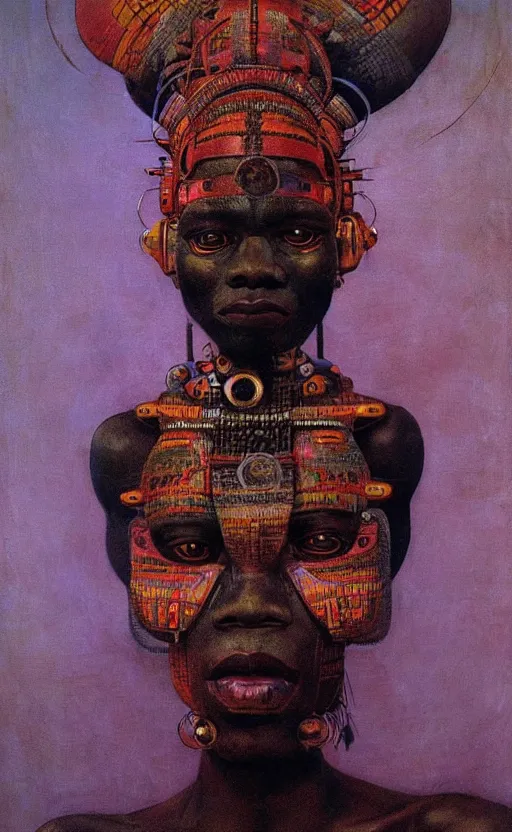 Image similar to portrait of african tribal chief wearing mecha head gear, symmetrical, dramatic lighting, art by zdzislaw beksinski,