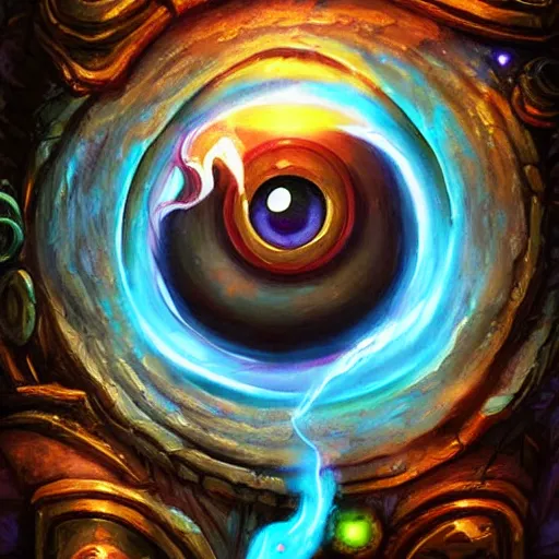 Prompt: giant eye magic spell, magic spell surrounded by magic smoke, some floating magic cards in the background, hearthstone coloring style, epic fantasy style art, fantasy epic digital art