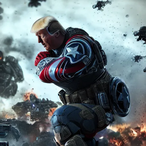 Image similar to Portrait! of President Donald Trump as ((captain america)) in Gears of War, splash art, movie still, cinematic lighting, dramatic, octane render, long lens, shallow depth of field, bokeh, anamorphic lens flare, 8k, hyper detailed, 35mm film grain