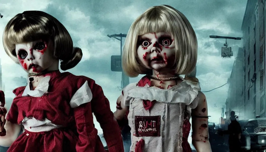 Image similar to big budget movie about killer doll destroying a city