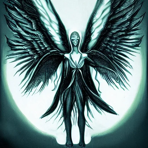 Image similar to giant imposing seraphim with many eyes and many wings, glowing, terrifying
