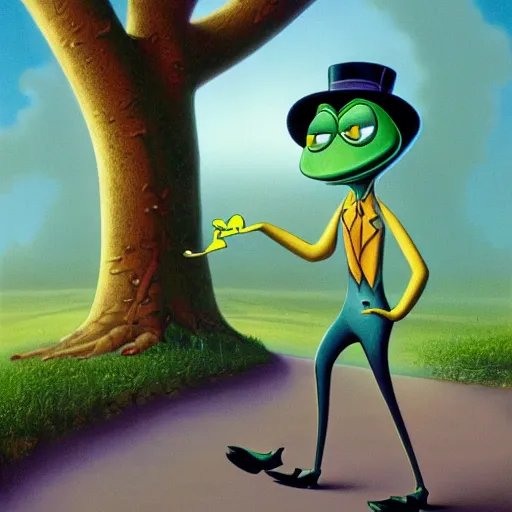 Prompt: highly detailed matte painting in the style of michigan j. frog, a tree frog walking down the road by mark ryden, chuck jones, lowbrow, 8 k resolution