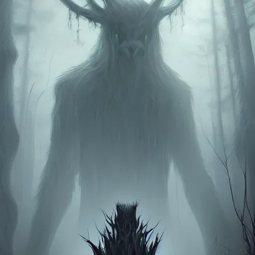 Prompt: A scary wendigo creature behind a man in a dark forest, eerie, scary, horror, digital art, artstation, WLOP, Mandy Jurgens