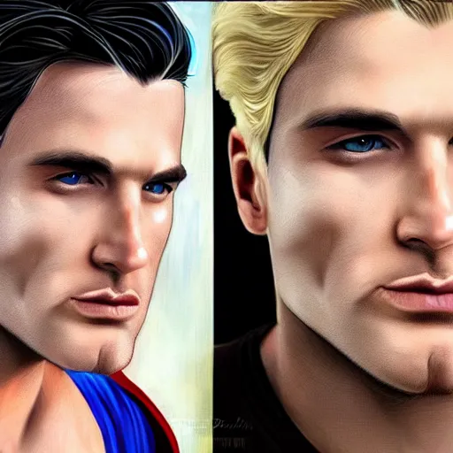 Prompt: hyper realistic portrait of superman with blonde two sides hair and thin face lines