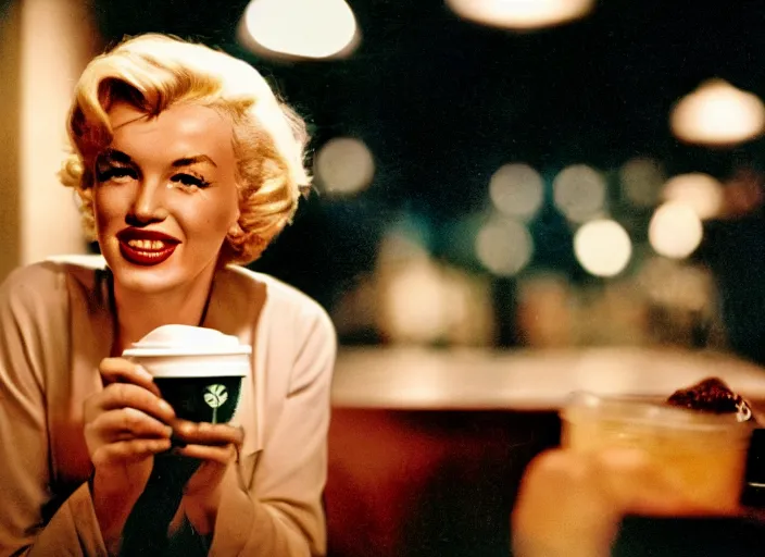 Image similar to A full-shot, color cinema film still of a marlin monroe drinking coffee at a starbucks, ambient lighting at night.