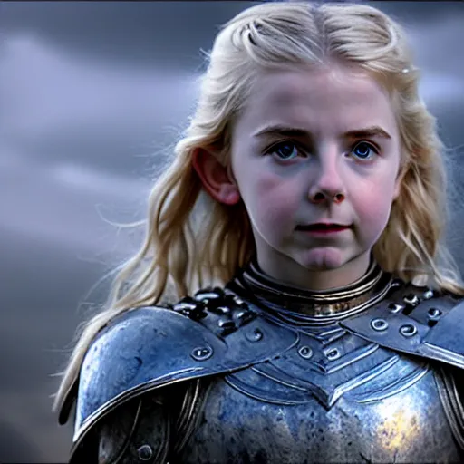 Prompt: cinematic scene with mckenna grace as eowyn from lord of the rings, live action film, battle armor chain mail, dramatic, small details, volumetric lighting, still frame