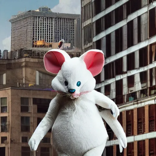 Prompt: a giant white mouse wearing human clothes stomping through a city eating people