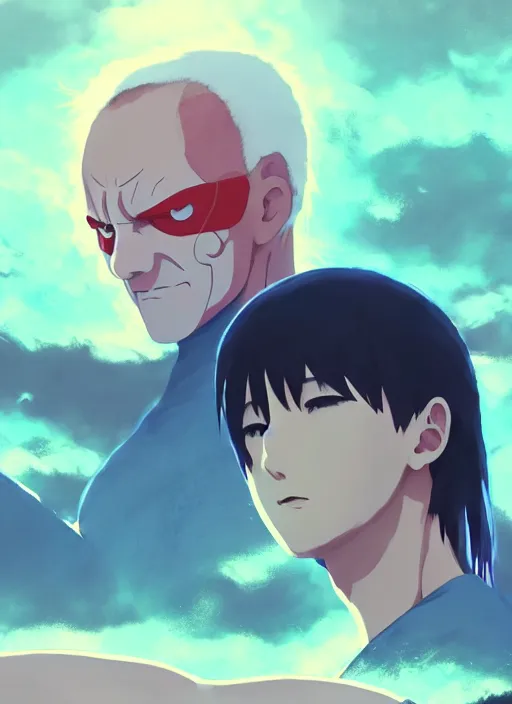 Image similar to portrait of sting, wrestling, wwe, cloudy sky background lush landscape illustration concept art anime key visual trending pixiv fanbox by wlop and greg rutkowski and makoto shinkai and studio ghibli