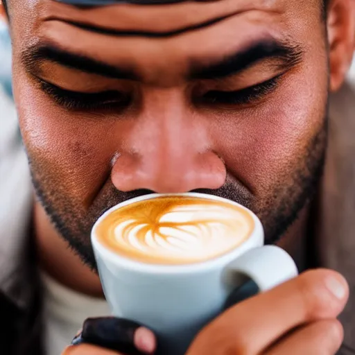 Prompt: a man drinking coffee except his eyes are missing