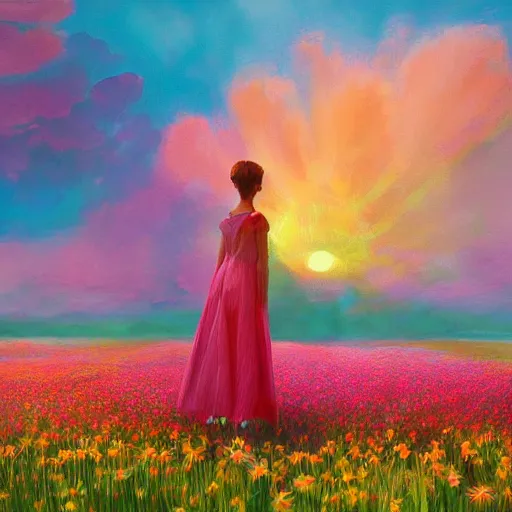 Prompt: giant daisy head, full body girl standing in a flower field, surreal photography, sunrise, dramatic light, impressionist painting, colorful clouds, digital painting, artstation, simon stalenhag