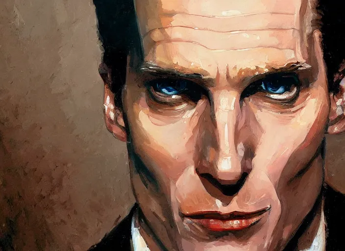 Prompt: a highly detailed unsettling portrait of american psycho patrick bateman, by gregory manchess, james gurney, james jean