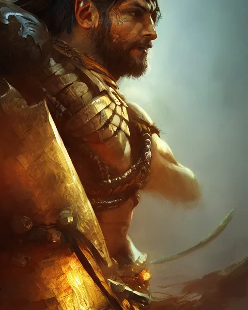 Image similar to Barbarian warrior, handsome, portrait, intricate, detailed, volumetric lighting, scenery, digital painting, highly detailed, artstation, sharp focus, illustration, concept art, ruan jia, steve mccurry