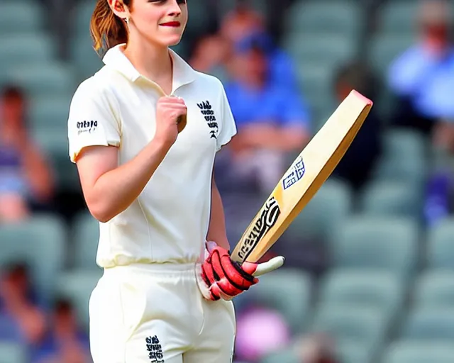 Prompt: emma watson opens the batting for england at lord's cricket ground, photograph, 1 8 0 mm, sports photography, bokeh, dramatic,