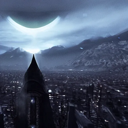 Image similar to the eye of sauron looking over mordor, except the eye is alex jones, cinematic lighting, realistic, 4 k