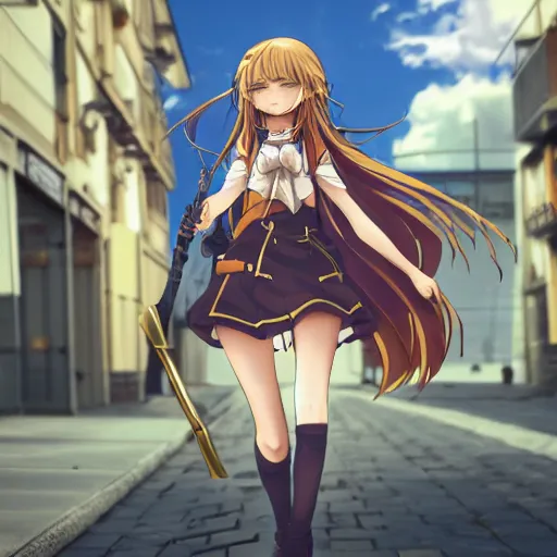 Image similar to anime girl marching on a pavement road with a flag and steampunk weapons and armor, finely detailed, beautiful, serious, cinematic lighting, golden hour, buildings, long brown hair, brown eyes, reflective, sharp focus, anime,