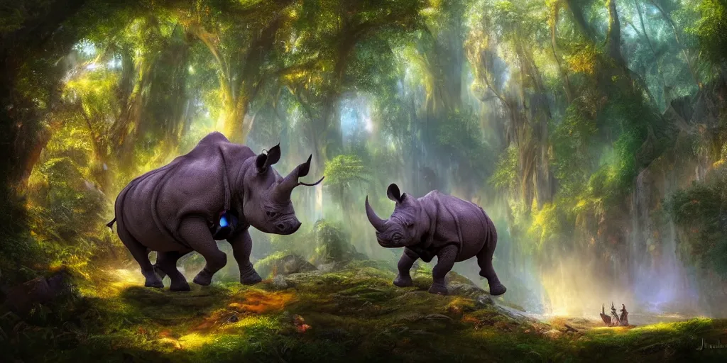 Prompt: rhino in the forest, magical energies emanating from it, waterfall, wide angle, fantasy art, matte painting, sharp focus, vibrant colors, high contrast, illustration, art by justin gerard